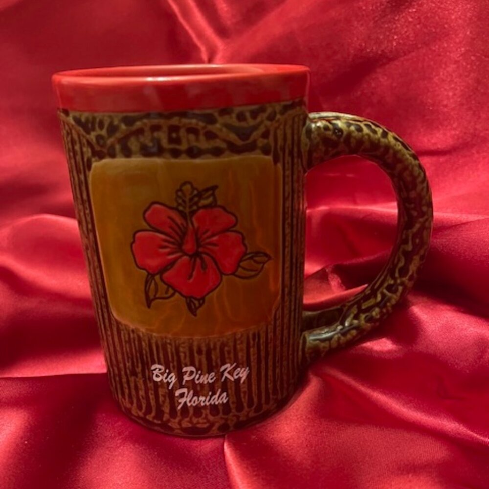 Vintage "My Café" ceramic mug hibiscus flower textured, leopard print FLORIDA